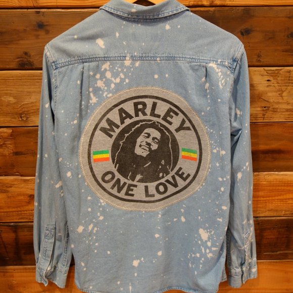 PacSun Other - Bob Marley One-of-a-Kind Pac-Sun Bleach Splattered Custom MadAndie Denim Shirt